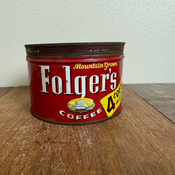 Vintage 1959 Folger's 4 Cents off Coffee Can Tin Metal Short Advertising Decor - Picture 1 of 10